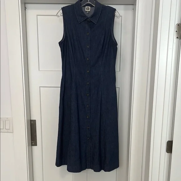 Sleeveless Denim Button-Front Tie-Waist Midi Dress - Blue - Picture 4 of 7